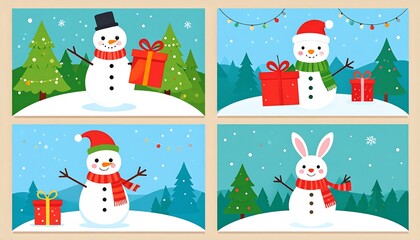 Four cartoon winter scenes with snowmen in festive attire and gifts, against snowy landscapes and pine trees