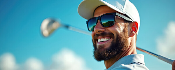 Man smiles, swings golf club on bright sunny day, perfect for golf related content. He practices his aim, improving game skill, enjoying outdoor sport activity. Man feels happy.
