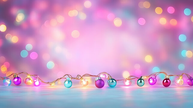 Colorful Christmas ornaments and twinkling bokeh lights on festive pink background for holiday season banner or backdrop
