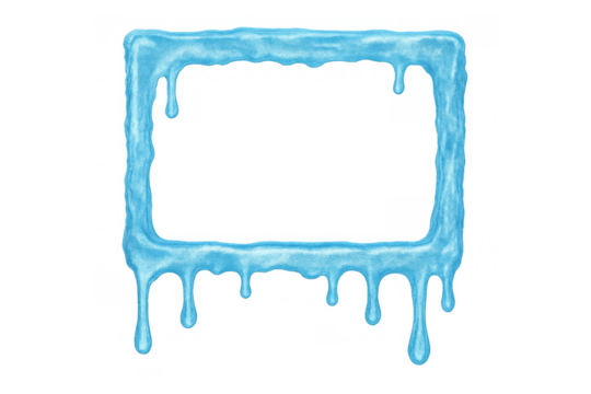 Ice rectangle frame melting blue water, a graphic element for winter, cold, or refreshing designs with a transparent background