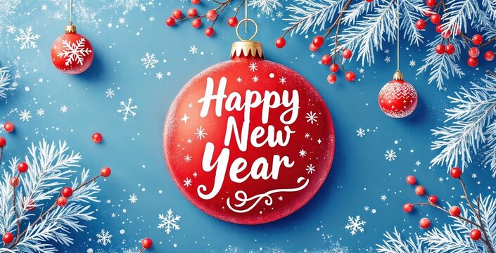 Happy New Year greeting card with large red Christmas ornament, frosted pine branches, snowflakes and festive berries on blue background, creating a bright cheerful winter holiday celebration design