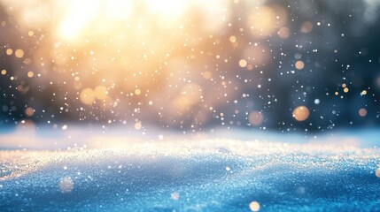 Fototapeta premium Beautiful snowfall with glistening snowflakes in winter landscape illuminated by warm sunlight, creating a magical and serene atmosphere