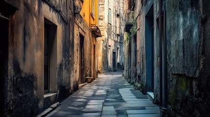 Fototapeta premium Narrow cobblestone alleyway in an ancient town with weathered buildings, soft light, and vibrant orange accents in the architecture and surroundings