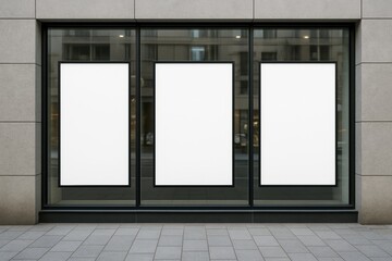 Blank posters displayed on modern building exterior glass windows presenting urban design concept for advertising mockup presentation. Ai generative