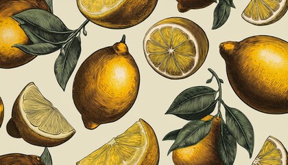 A vintage hand-drawn seamless pattern of lemons, showcasing whole and sliced lemons with detailed linework. The design uses textured woodcut and vintage engraving aesthetics.