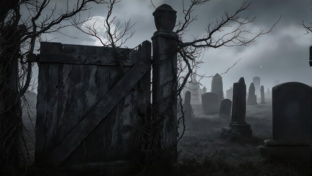 Eerie graveyard scene with old gate and tombstones at night.