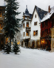 A charming winter village scene with snow-covered rooftops and twinkling Christmas trees, illuminated by warm lights