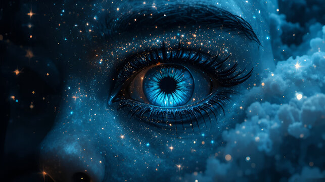 close-up of a glowing eye sucking in galaxies, stars spiraling inward, face dissolving into cosmic mist, abstract horror and dream interpretation