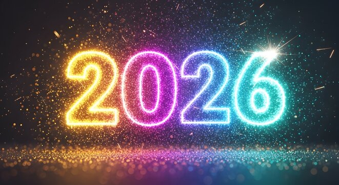 Illuminating 2026: A vibrant and colorful display, symbolizing the dawn of a new year, against a mesmerizing background, heralding an era of hope and progress. new year 2026, new year background 