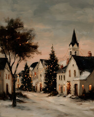 A charming winter village scene with snow-covered rooftops and twinkling Christmas trees, illuminated by warm lights