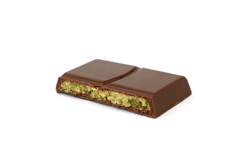 Pieces of Dubai chocolate bar with with pistachio isolated on white background.