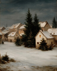A charming winter village scene with snow-covered rooftops and twinkling Christmas trees, illuminated by warm lights
