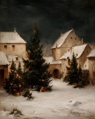 A charming winter village scene with snow-covered rooftops and twinkling Christmas trees, illuminated by warm lights
