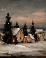 A charming winter village scene with snow-covered rooftops and twinkling Christmas trees, illuminated by warm lights