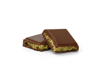 Pieces of Dubai chocolate bar with with pistachio isolated on white background.
