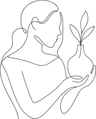 Young woman adjusting flower in vase vintage style for retro decor design