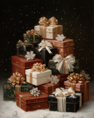 A beautifully arranged stack of gift boxes in rich colors, adorned with golden ribbons, surrounded by delicate roses and soft florals.