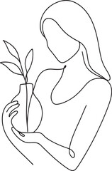 Young woman adjusting flower in vase vintage style for retro decor design