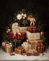A beautifully arranged stack of gift boxes in rich colors, adorned with golden ribbons, surrounded by delicate roses and soft florals.