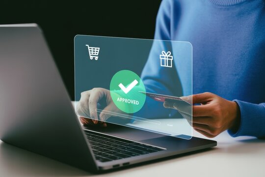 Online shopping payment approved with credit card on laptop for ecommerce business transaction success - Powered by Adobe