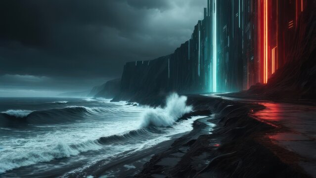 Dark coastal scene with futuristic structure and glowing lights