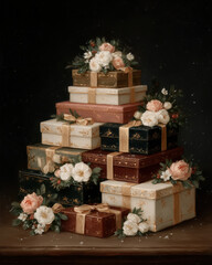 A beautifully arranged stack of gift boxes in rich colors, adorned with golden ribbons, surrounded by delicate roses and soft florals.