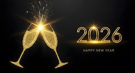 Sparkling champagne glasses clink in a toast to the new year 2026, set against a photorealistic dark background, sparkling light celebrating with golden hues. new year 2026, new year background 