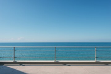 Obraz premium Minimalist exterior balcony design with ocean view and stainless steel railing under clear blue sky, modern architectural concept perspective view. Ai generative