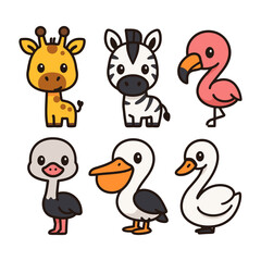 Fototapeta premium Cute Safari Birds and Animals Vector Set