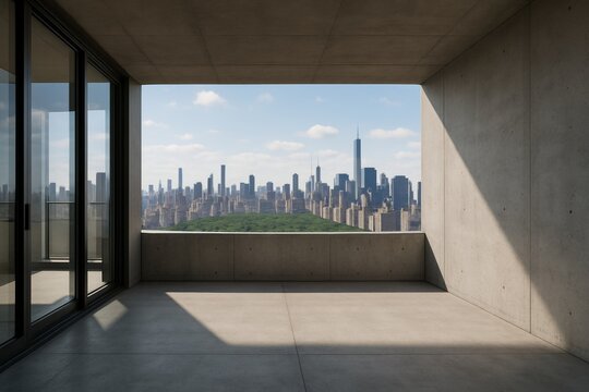 Minimalist concrete balcony with panoramic city skyline view under clear sky, showcasing modern architecture and urban exterior design concept. Ai generative
