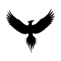 Fototapeta premium A striking black silhouette of a phoenix with its wings spread wide against a white background.