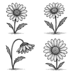 Daisy Flower Botanical Sketch Set in Vintage Engraving Style, Transparent Background