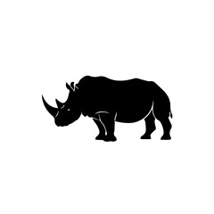 A simple black silhouette of a rhinoceros standing in profile on a white background.