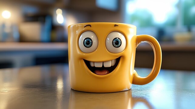3D cartoon coffee cup with smiling face, large expressive eyes, and cheerful character design sitting on a colorful table surface