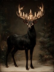A majestic black stag with a chandelier of glowing candles atop its antlers stands in a dark, misty forest. The vintage oil painting style creates a mysterious and enchanting atmosphere. Concept of my