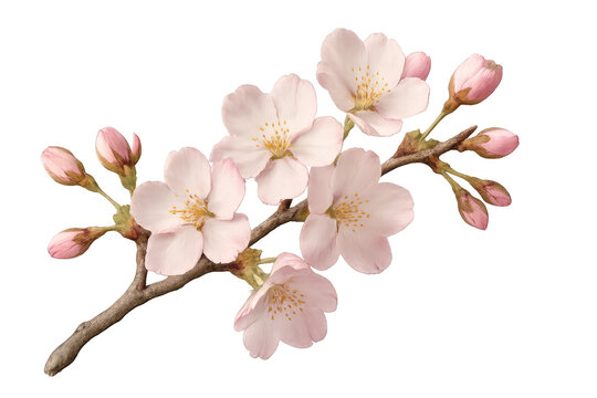 Cherry blossom branch with delicate pink flowers opening in spring, transparent background