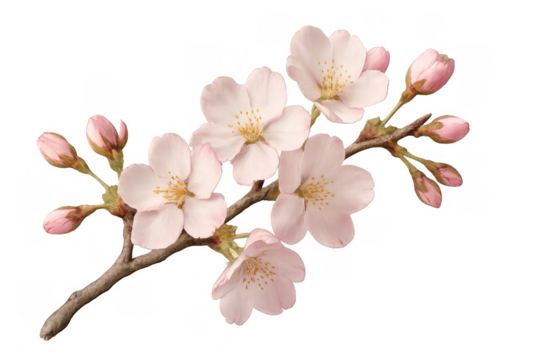 Cherry blossom branch with delicate pink flowers opening in spring, transparent background - Powered by Adobe