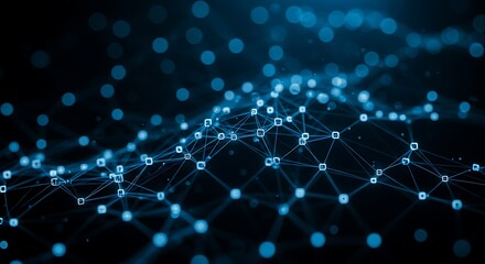 Abstract network of glowing blue nodes and lines, representing data connections and digital information flow on a dark background