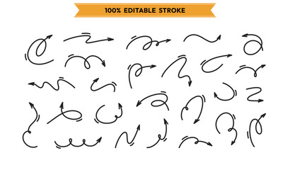Linear hand drawn curly doodle arrows set in playful style. Editable stroke