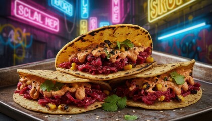 Vivid street food taco scene highlights modern urban fusion with bold color and night market energy. It suggests youth culture trend and global street cuisine.