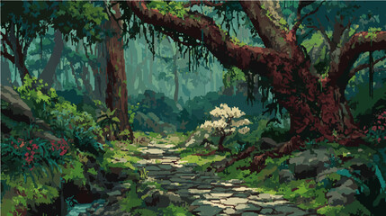 Pixelated path in the rainforest