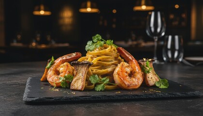 Elegant pasta with shrimp evokes fusion dining and modern culinary art in a fine restaurant setting. Styled to suggest celebration dining trend and elevated flavor experience