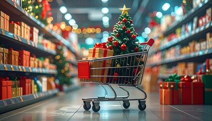 A decorated shopping cart holds a Christmas tree and presents, set amidst colorful holiday products in a busy supermarket aisle store