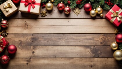 Holiday gift arrangement with presents and ornaments festive wooden background christmas celebration cozy atmosphere top-down view seasonal decor for joyous occasions
