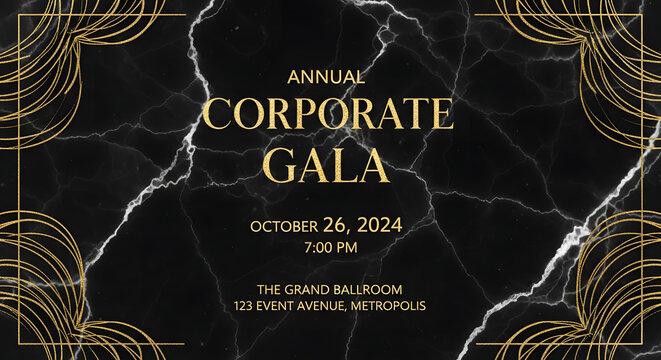 Elegant Black and Gold Invitation for an Annual Corporate Gala Event, featuring Sophisticated Art Deco Design and Event Details