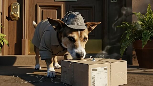 A detective dog investigates a mysterious package on a sunny porch.
