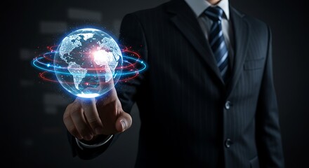 Businessman touching a glowing digital globe with data streams and network connections, representing global business and technology