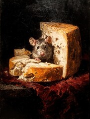 A cute rat peeks out from a block of cheese, surrounded by pieces of cheese, in a cozy and rustic kitchen setting. This vintage oil painting captures the playful and charming moment with rich, dark to