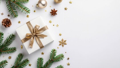 Festive holiday gift box with elegant bow christmas theme flat lay image decorative elements warm atmosphere seasonal vibes