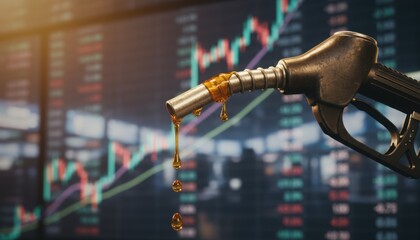 Fototapeta premium A fuel nozzle dripping oil before a backdrop of rising market charts symbolizes volatility and global energy trends. It illustrates economic shifts tied to fuel demand and pricing